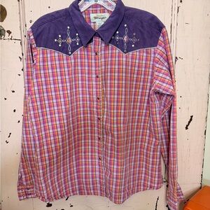 Wrangler Women’s Pink & Purple Plaid Shirt with Purple Yoke Size L
